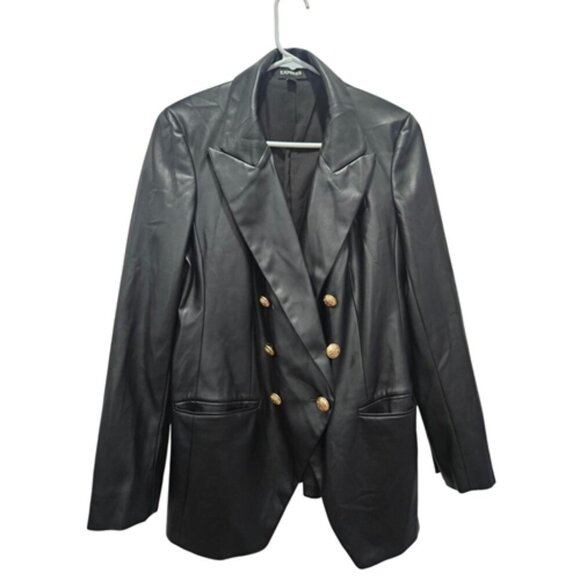Vintage Express Black Faux Leather Novelty Gold Button Jacket Size M Vegan - Picture 1 of 4